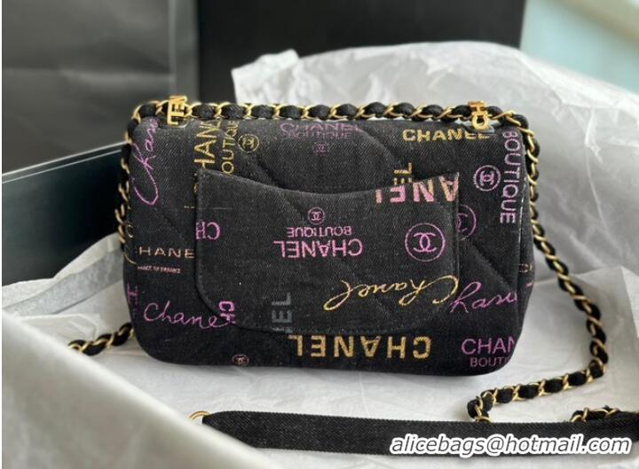 Famous Brand CHANEL Printed Denim & Gold-Tone Metal AS3135 black