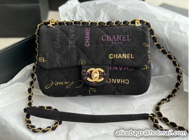 Famous Brand CHANEL Printed Denim & Gold-Tone Metal AS3135 black