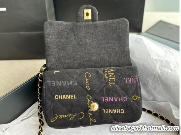 Famous Brand CHANEL Printed Denim & Gold-Tone Metal AS3135 black