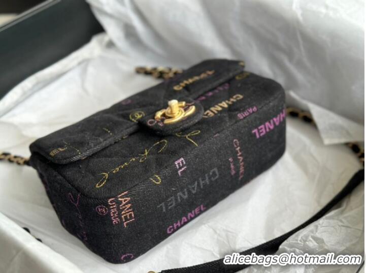 Famous Brand CHANEL Printed Denim & Gold-Tone Metal AS3135 black