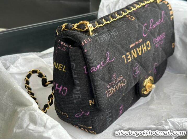 Shop Discount CHANEL Printed Denim & Gold-Tone Metal AS3134 black