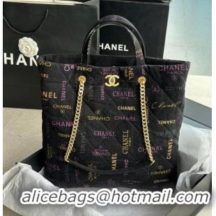 Pretty Style CHANEL Printed Denim & Gold-Tone Metal AS3136 black