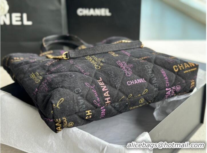 Pretty Style CHANEL Printed Denim & Gold-Tone Metal AS3136 black