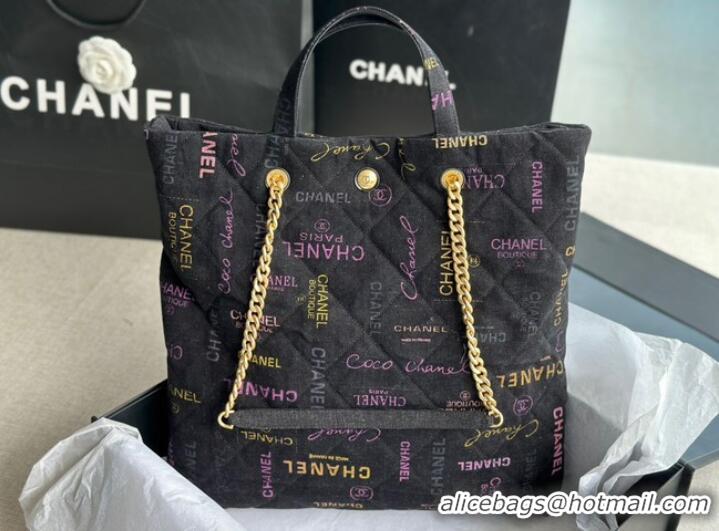 Pretty Style CHANEL Printed Denim & Gold-Tone Metal AS3136 black