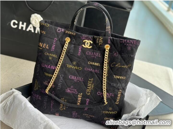 Pretty Style CHANEL Printed Denim & Gold-Tone Metal AS3136 black