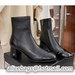 Good Quality Chanel Lambskin & Patent Leather CC Heeled Ankle Boots 5cm Black 101274