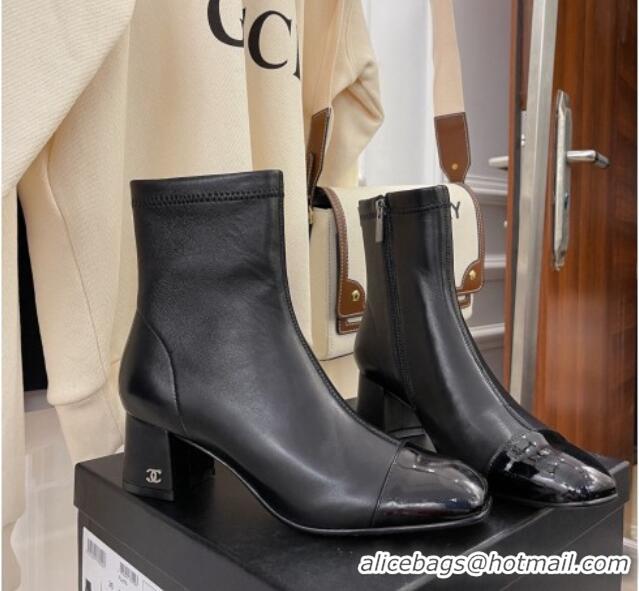 Good Quality Chanel Lambskin & Patent Leather CC Heeled Ankle Boots 5cm Black 101274