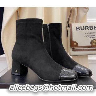 Discount Chanel Suede & Patent Leather CC Heeled Ankle Boots 5cm Black 101275