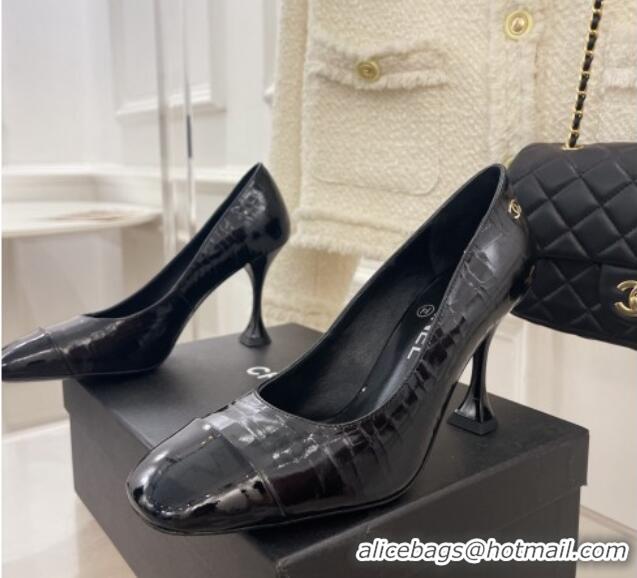 Top Quality Chanel Stone Embossed Leather High Heel Pumps 9cm Black 101276