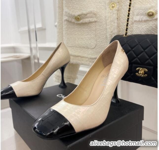 Good Product Chanel Stone Embossed Leather High Heel Pumps 9cm Cream White 101277