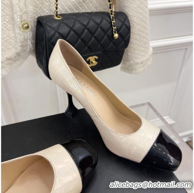 Good Product Chanel Stone Embossed Leather High Heel Pumps 9cm Cream White 101277