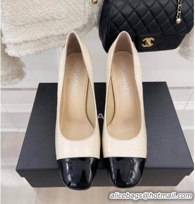 Good Product Chanel Stone Embossed Leather High Heel Pumps 9cm Cream White 101277