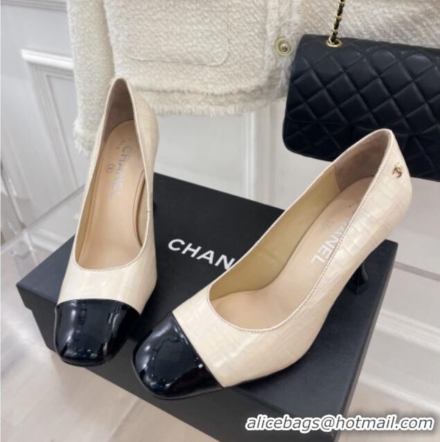 Good Product Chanel Stone Embossed Leather High Heel Pumps 9cm Cream White 101277