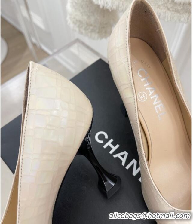 Good Product Chanel Stone Embossed Leather High Heel Pumps 9cm Cream White 101277