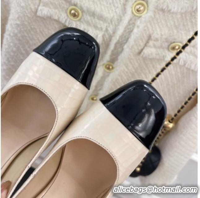 Good Product Chanel Stone Embossed Leather High Heel Pumps 9cm Cream White 101277