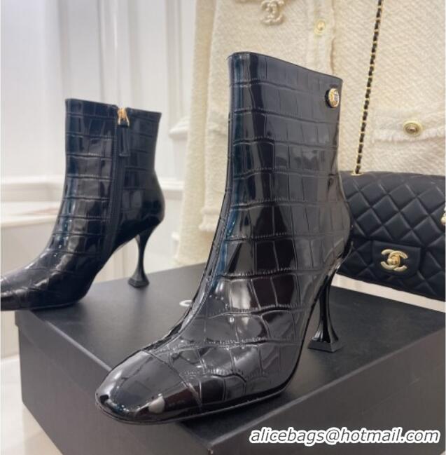 Good Quality Chanel Stone Embossed Leather Ankle Boots 9cm Black 101279