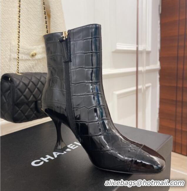 Good Quality Chanel Stone Embossed Leather Ankle Boots 9cm Black 101279