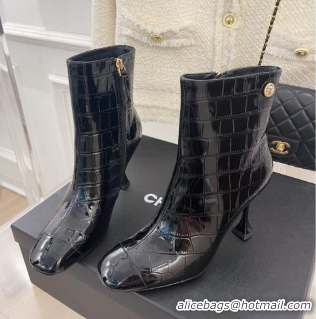 Good Quality Chanel Stone Embossed Leather Ankle Boots 9cm Black 101279