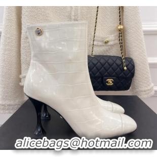 Purchase Chanel Stone Embossed Leather Ankle Boots 9cm White 101281