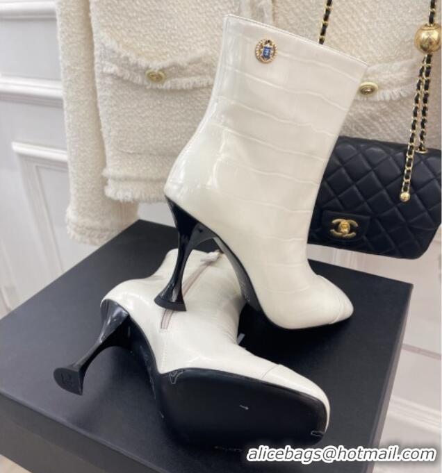 Purchase Chanel Stone Embossed Leather Ankle Boots 9cm White 101281