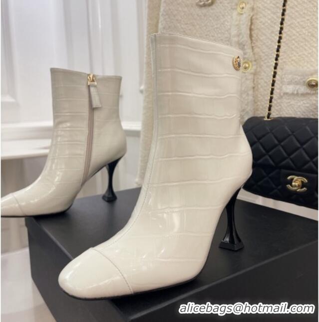 Purchase Chanel Stone Embossed Leather Ankle Boots 9cm White 101281