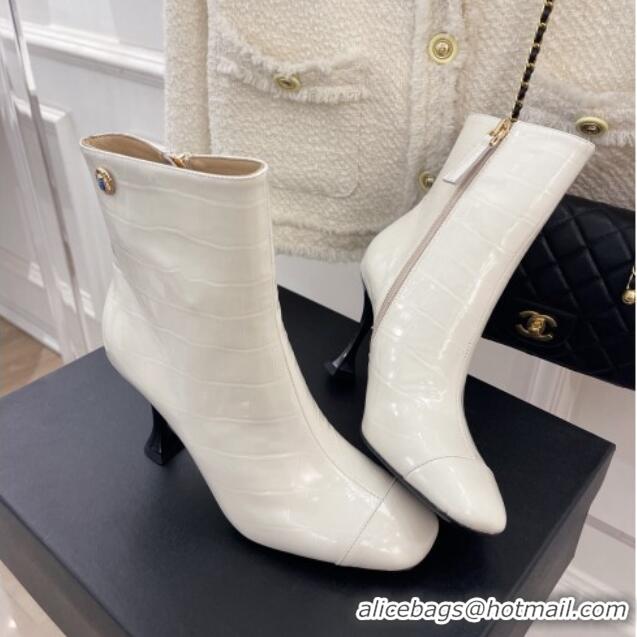 Purchase Chanel Stone Embossed Leather Ankle Boots 9cm White 101281