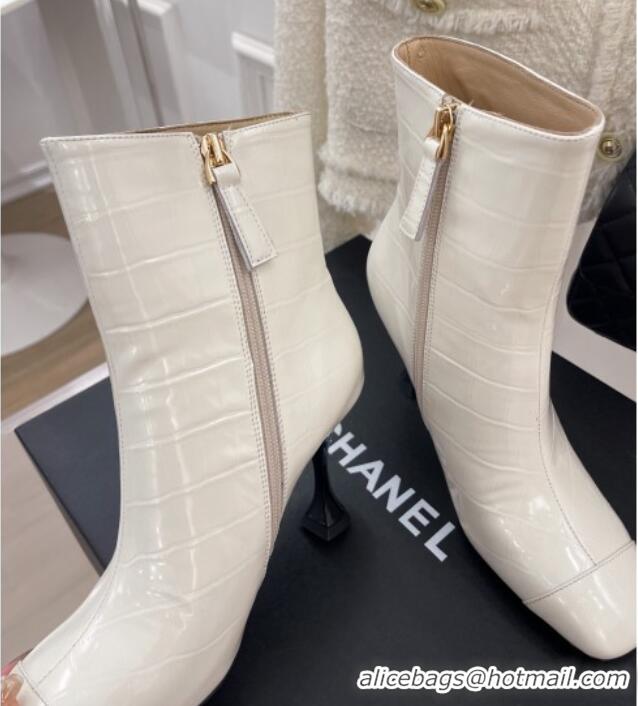 Purchase Chanel Stone Embossed Leather Ankle Boots 9cm White 101281