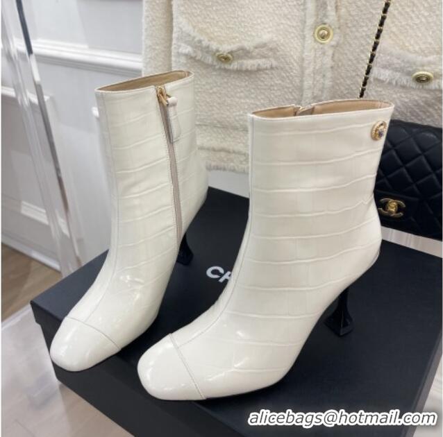 Purchase Chanel Stone Embossed Leather Ankle Boots 9cm White 101281