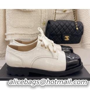 Best Grade Chanel Stone Embossed Leather Lace-ups White 101282