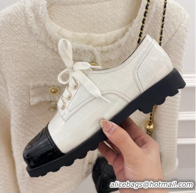 Best Grade Chanel Stone Embossed Leather Lace-ups White 101282