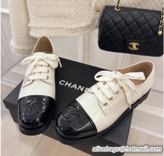 Best Grade Chanel Stone Embossed Leather Lace-ups White 101282