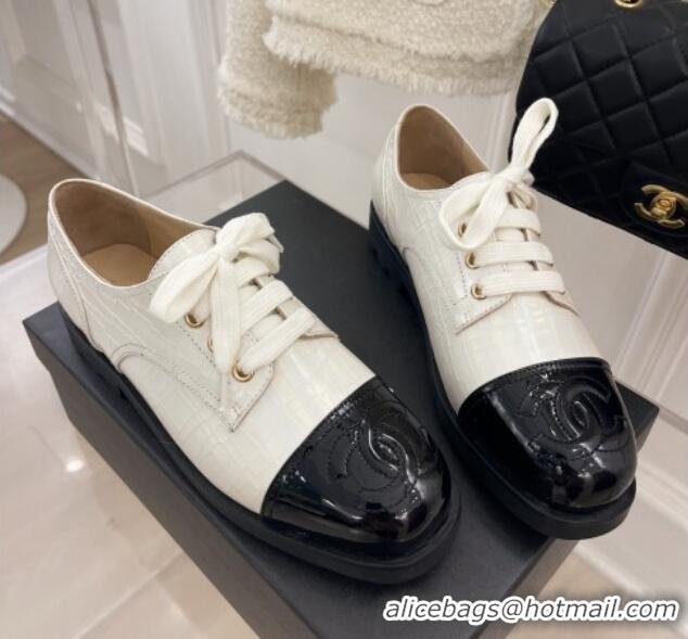 Best Grade Chanel Stone Embossed Leather Lace-ups White 101282