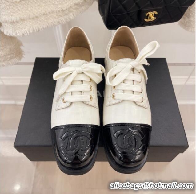 Best Grade Chanel Stone Embossed Leather Lace-ups White 101282