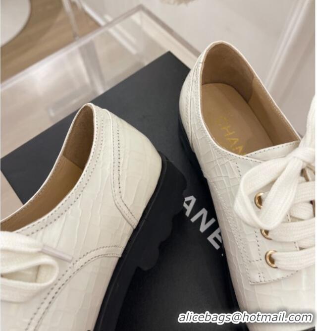 Best Grade Chanel Stone Embossed Leather Lace-ups White 101282