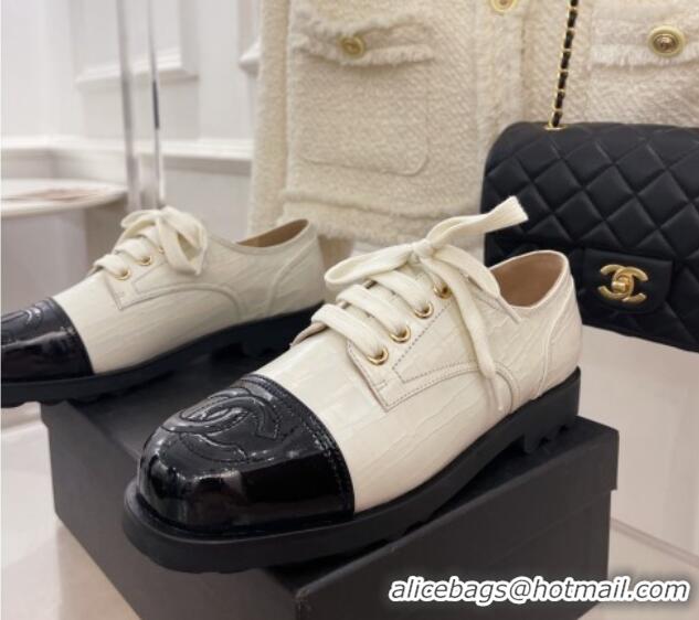 Best Grade Chanel Stone Embossed Leather Lace-ups White 101282