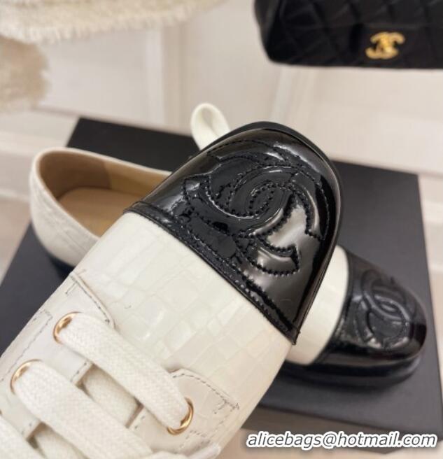 Best Grade Chanel Stone Embossed Leather Lace-ups White 101282