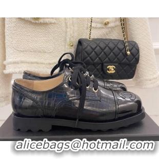 Charming Chanel Stone Embossed Leather Lace-ups Black 101283