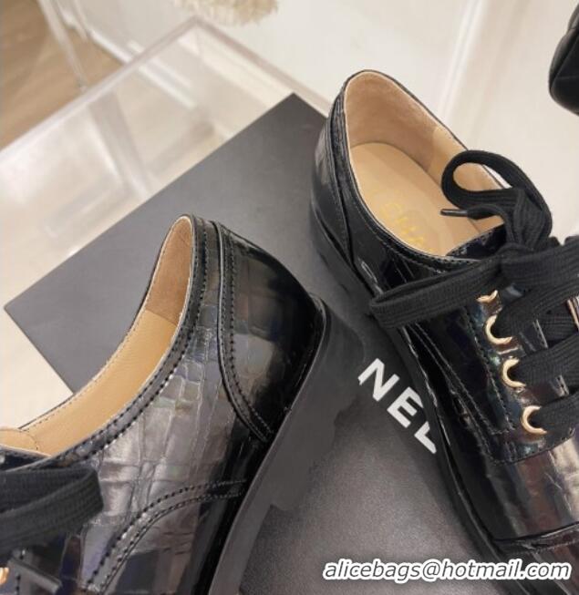 Charming Chanel Stone Embossed Leather Lace-ups Black 101283