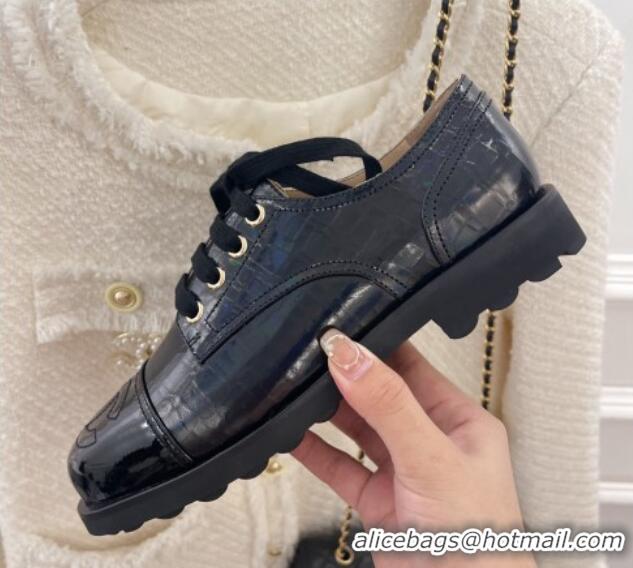 Charming Chanel Stone Embossed Leather Lace-ups Black 101283