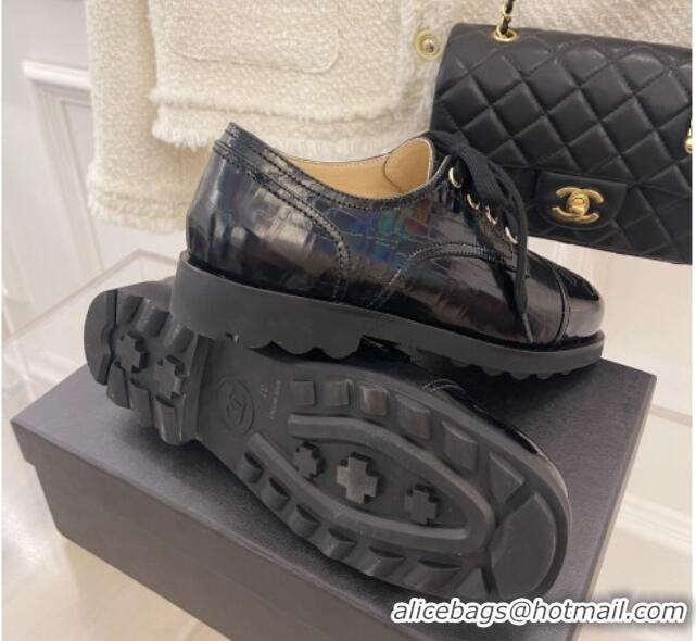 Charming Chanel Stone Embossed Leather Lace-ups Black 101283