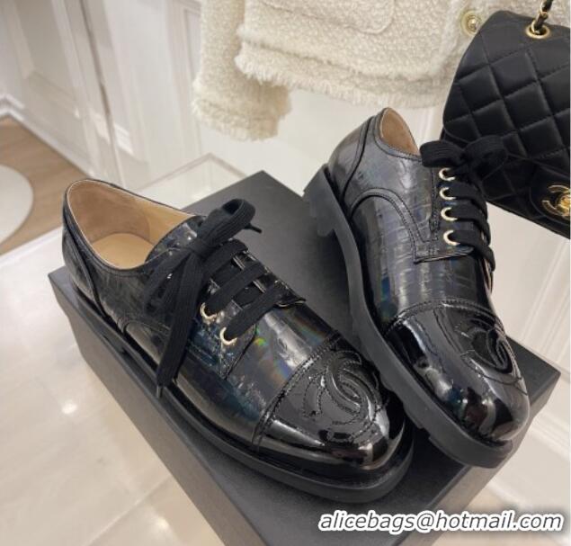 Charming Chanel Stone Embossed Leather Lace-ups Black 101283