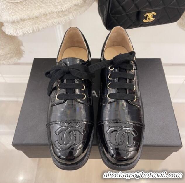 Charming Chanel Stone Embossed Leather Lace-ups Black 101283