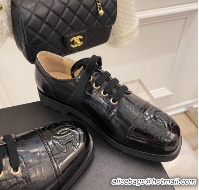 Charming Chanel Stone Embossed Leather Lace-ups Black 101283