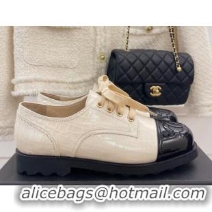 Good Looking Chanel Stone Embossed Leather Lace-ups Beige 101284