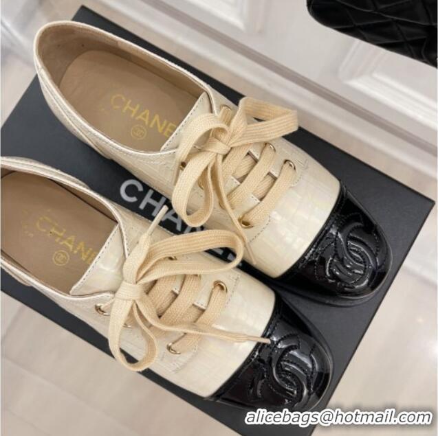 Good Looking Chanel Stone Embossed Leather Lace-ups Beige 101284