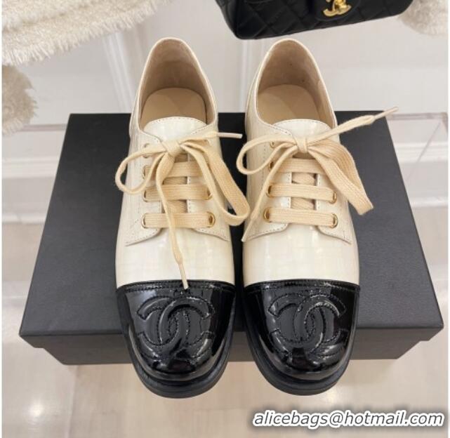 Good Looking Chanel Stone Embossed Leather Lace-ups Beige 101284