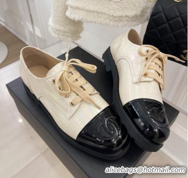 Good Looking Chanel Stone Embossed Leather Lace-ups Beige 101284