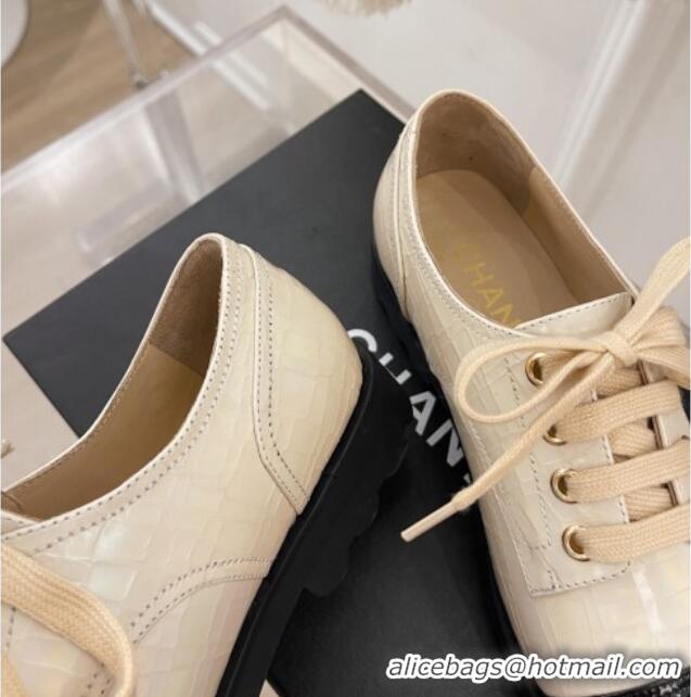 Good Looking Chanel Stone Embossed Leather Lace-ups Beige 101284