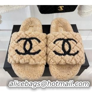 Good Taste Chanel Quilted Shearling Flat Slide Sandals Camel 101285