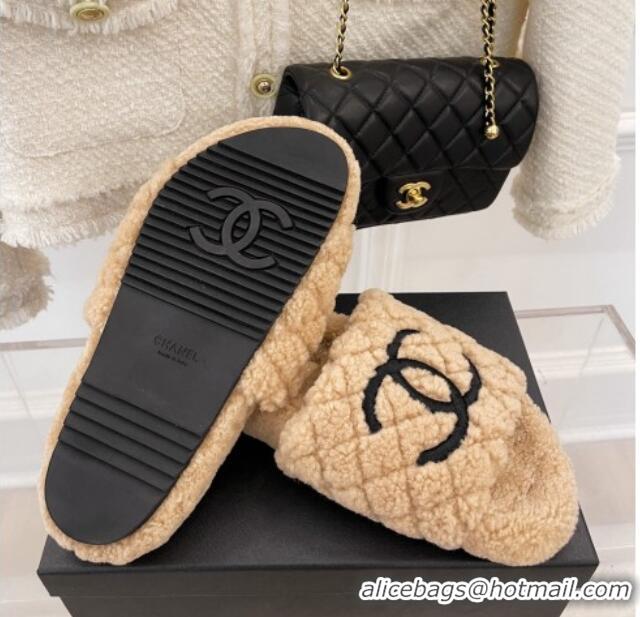 Good Taste Chanel Quilted Shearling Flat Slide Sandals Camel 101285